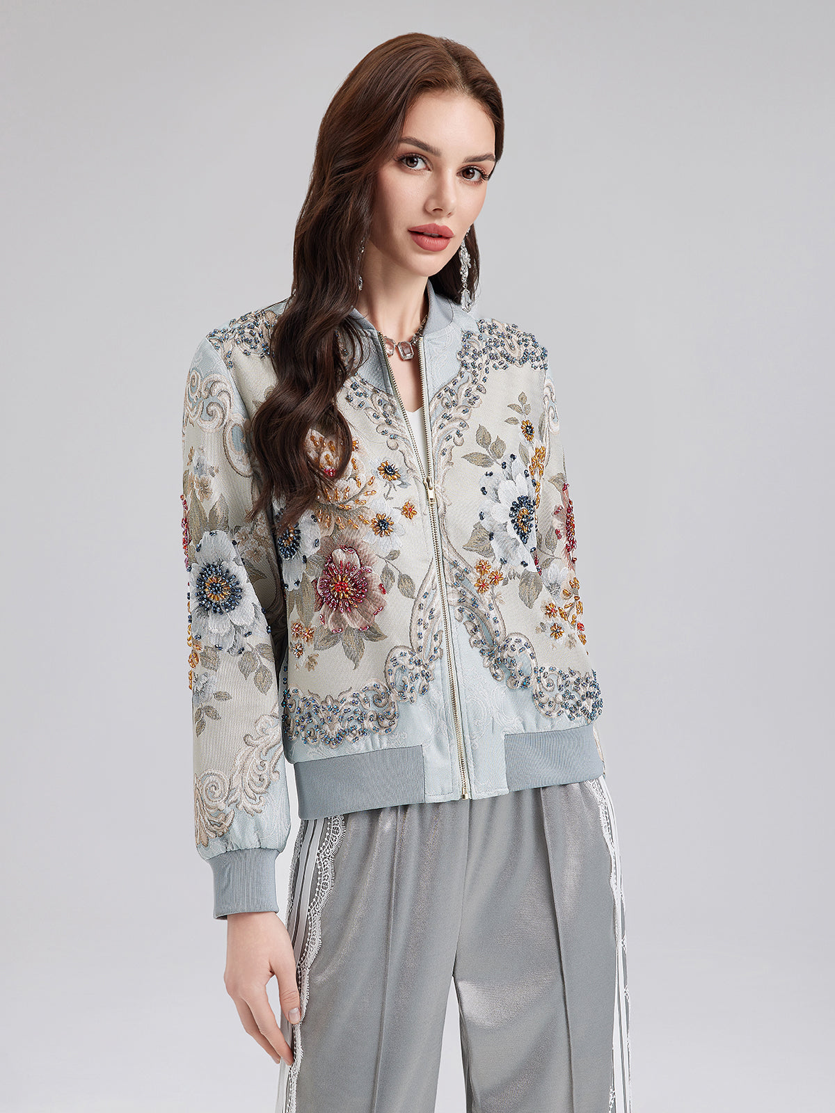 Hand-Beaded Floral Bomber Jacket