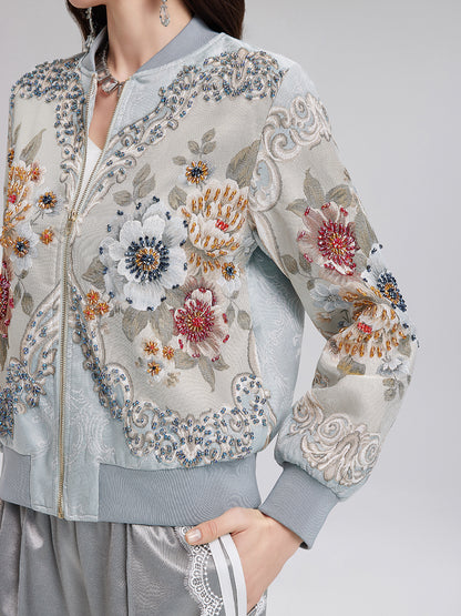 Hand-Beaded Floral Bomber Jacket