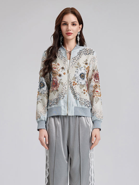 Hand-Beaded Floral Bomber Jacket