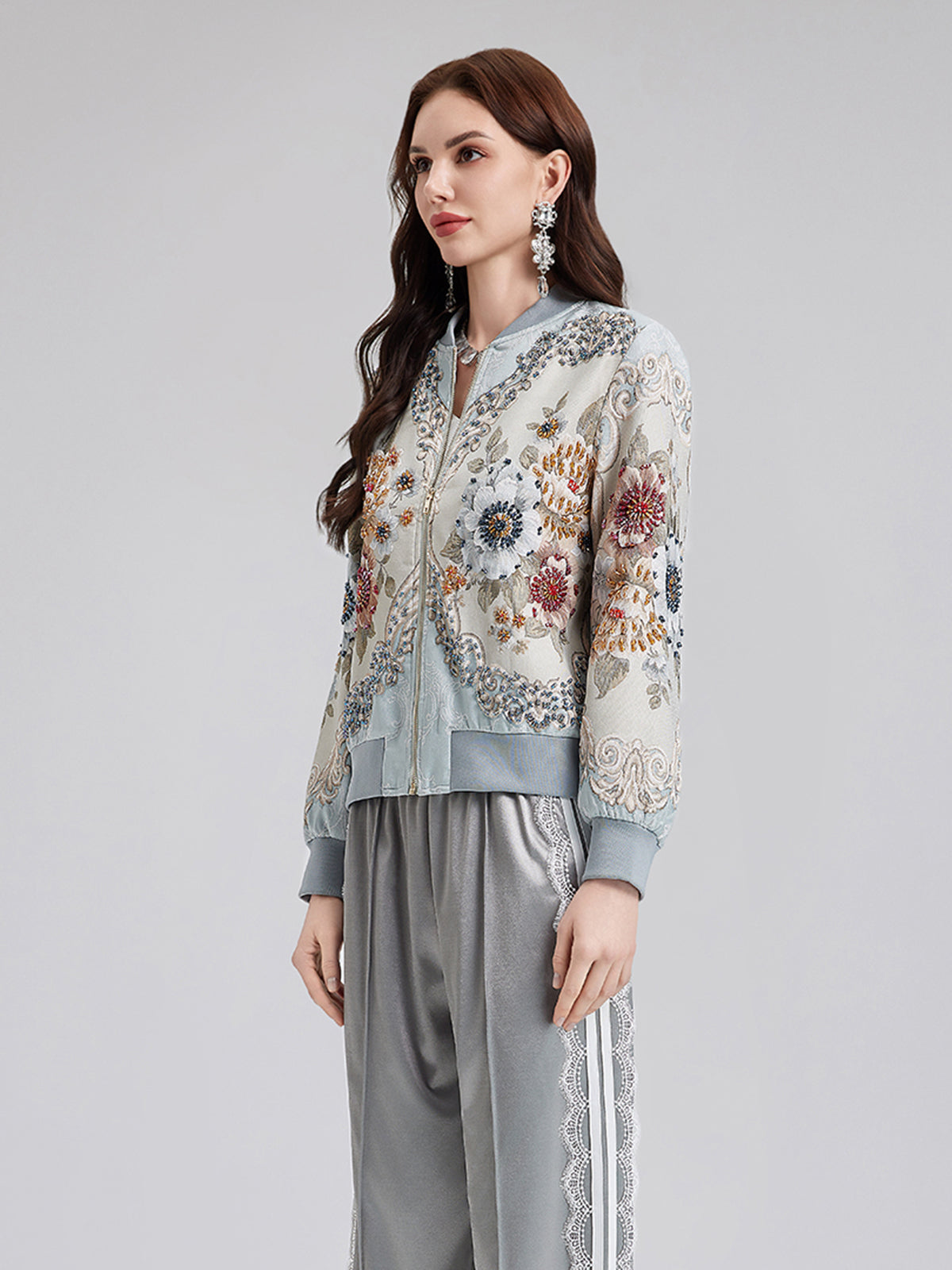 Hand-Beaded Floral Bomber Jacket