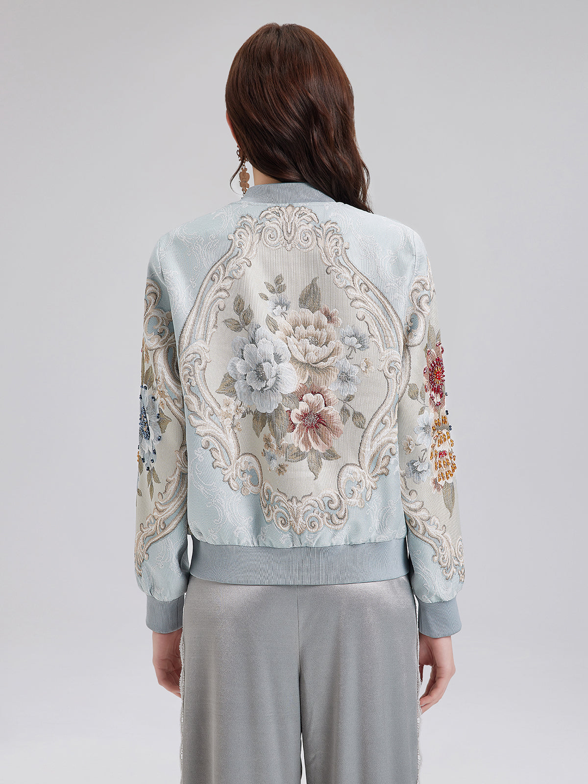 Hand-Beaded Floral Bomber Jacket