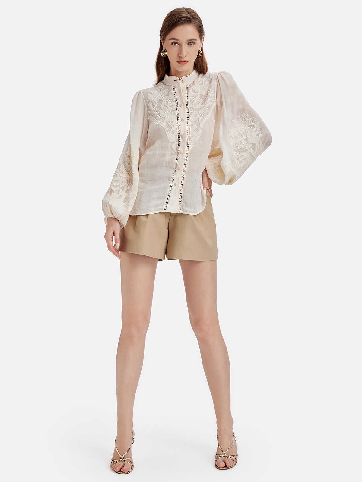 Linen Embroidered Stand Collar Shirt