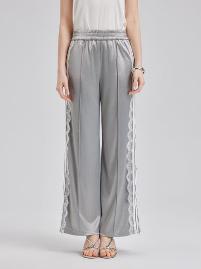 Silver Lace-Trim Wide-Leg Pants