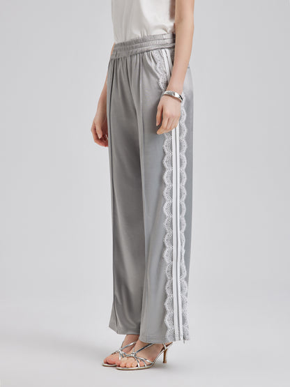 Silver Lace-Trim Wide-Leg Pants