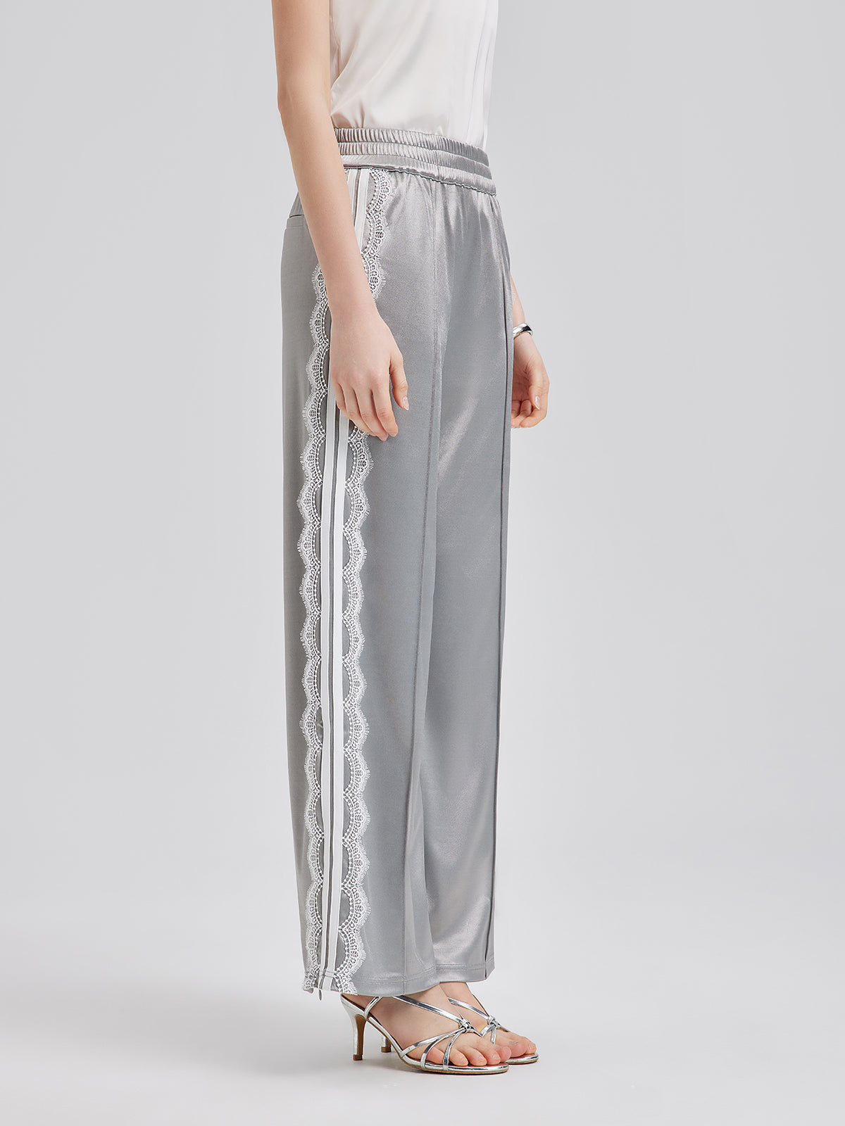 Silver Lace-Trim Wide-Leg Pants