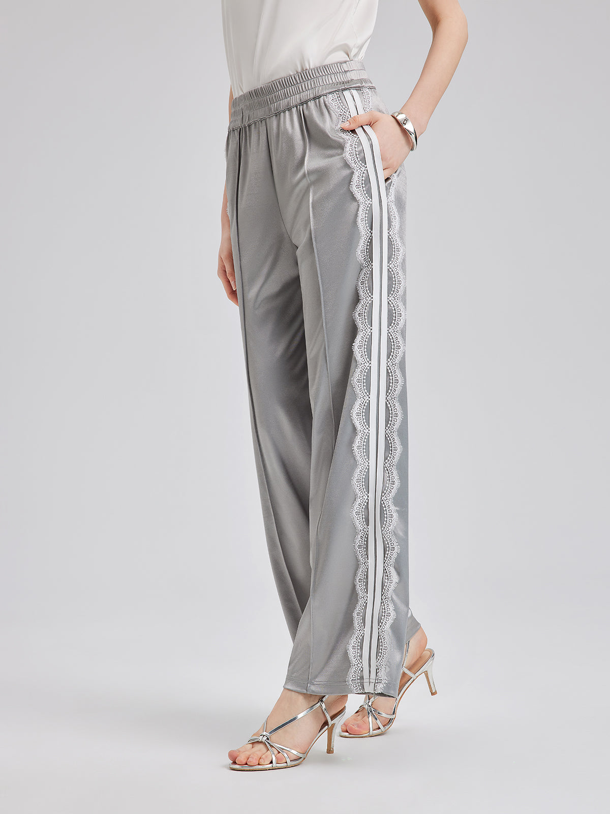 Silver Lace-Trim Wide-Leg Pants