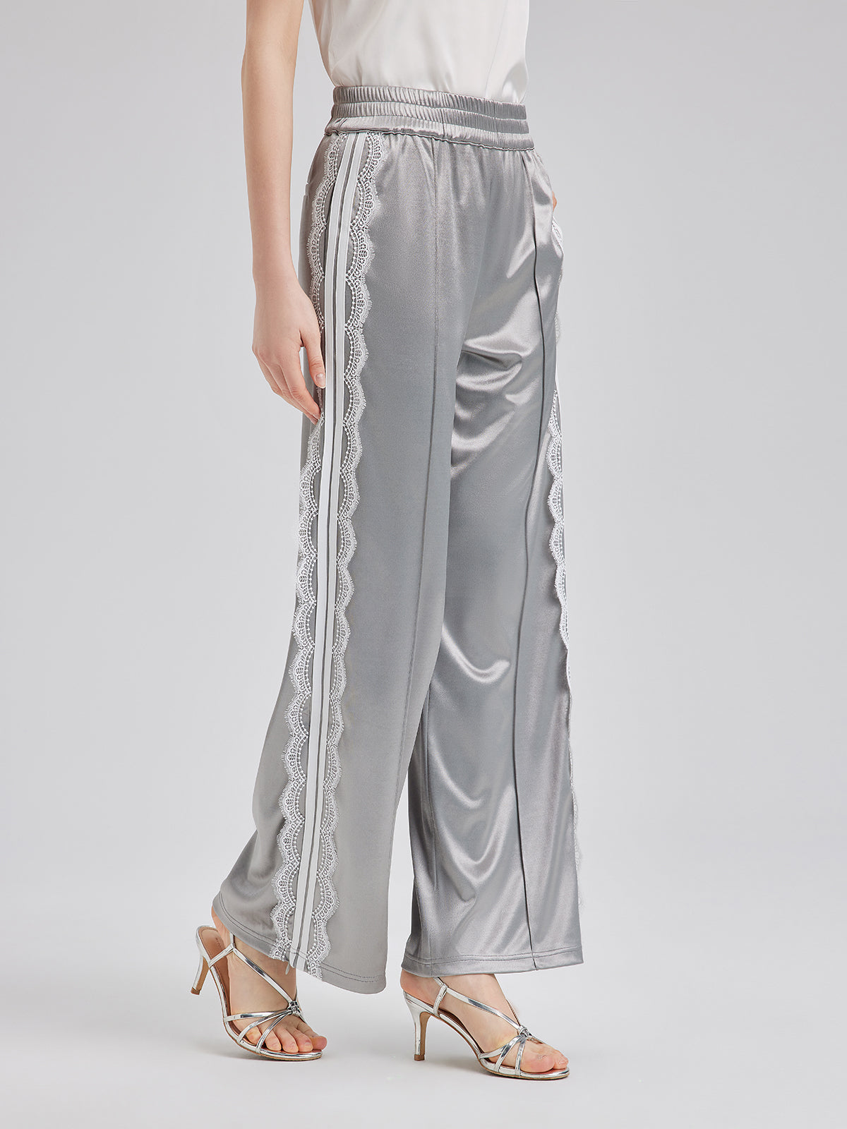 Silver Lace-Trim Wide-Leg Pants