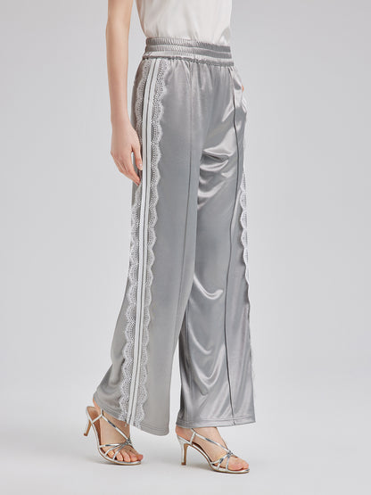 Silver Lace-Trim Wide-Leg Pants