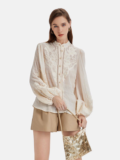 Linen Embroidered Stand Collar Shirt