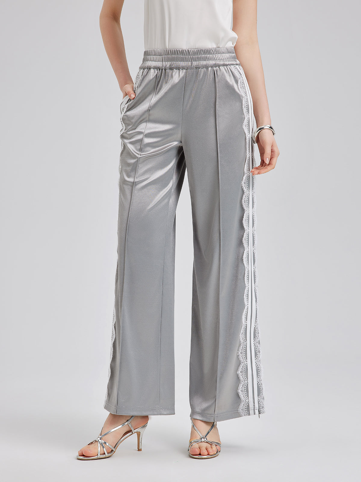 Silver Lace-Trim Wide-Leg Pants