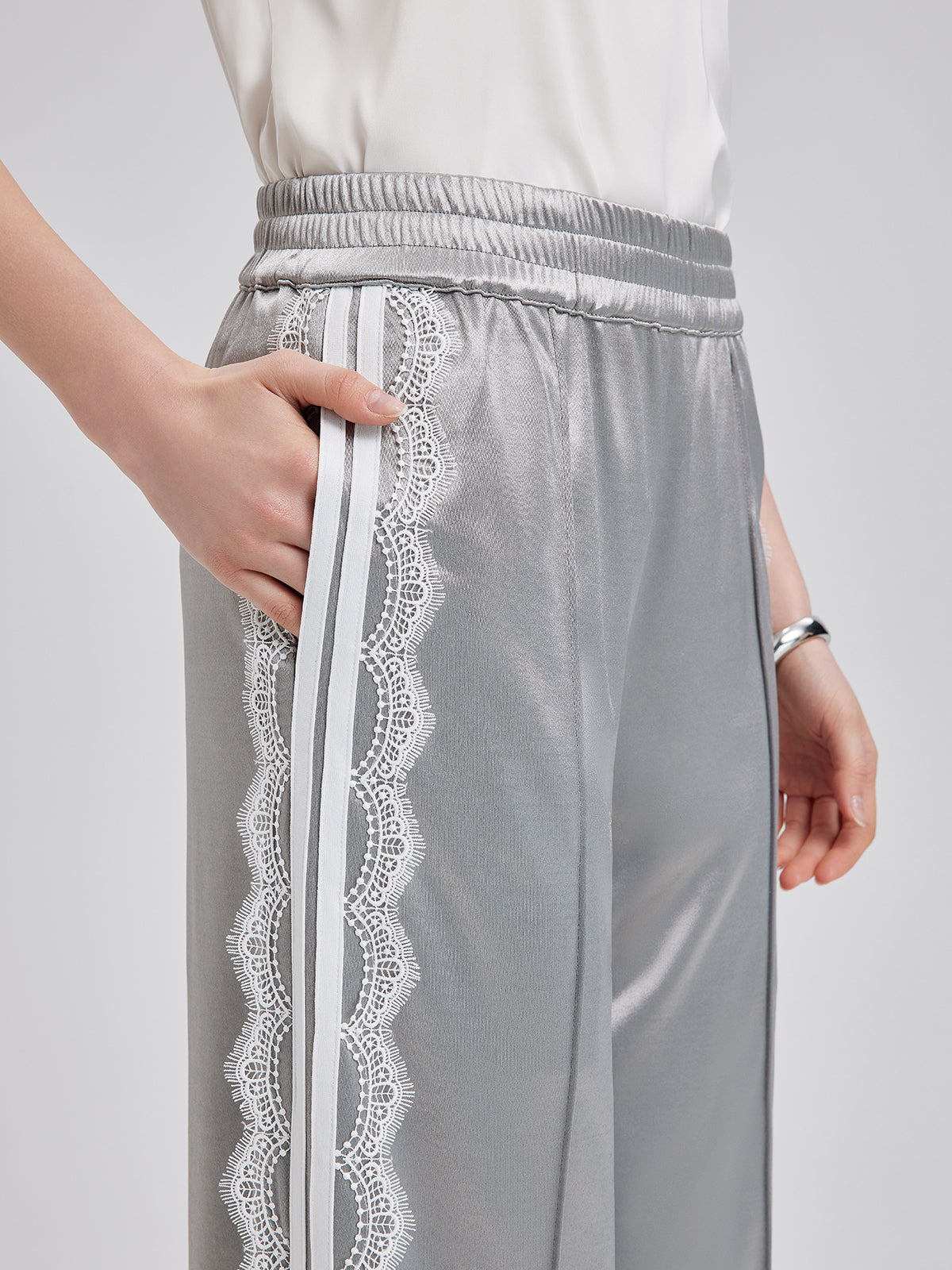 Silver Lace-Trim Wide-Leg Pants