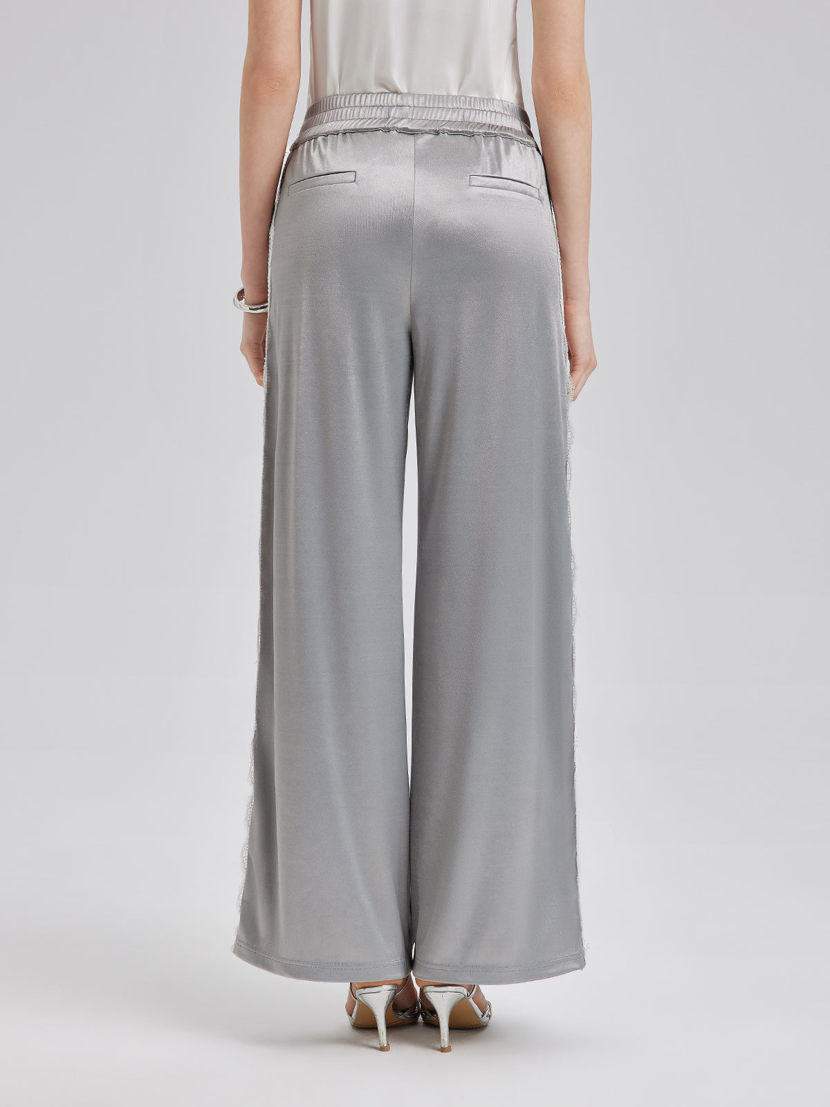 Silver Lace-Trim Wide-Leg Pants