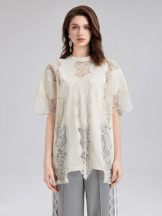 Elegant Cotton Lace-Trimmed T-Shirt