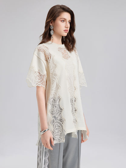 Elegant Cotton Lace-Trimmed T-Shirt (Lining not included)