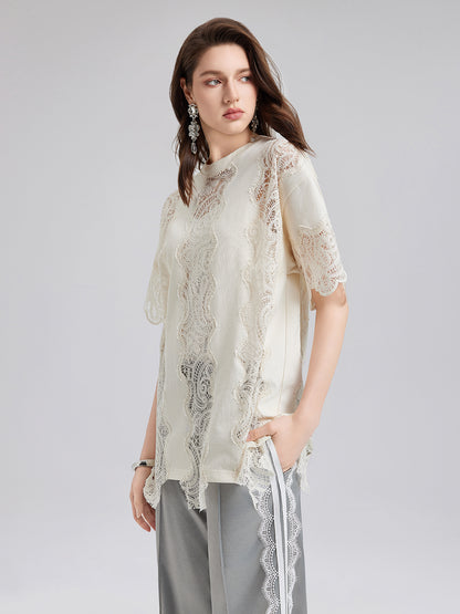 Elegant Cotton Lace-Trimmed T-Shirt (Lining not included)