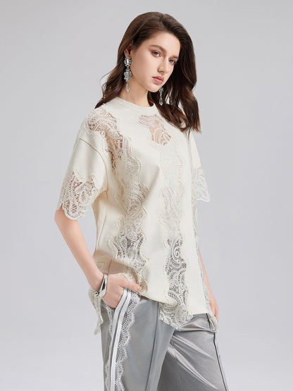 Elegant Cotton Lace-Trimmed T-Shirt (Lining not included)