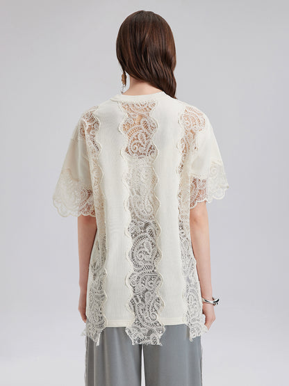 Elegant Cotton Lace-Trimmed T-Shirt (Lining not included)