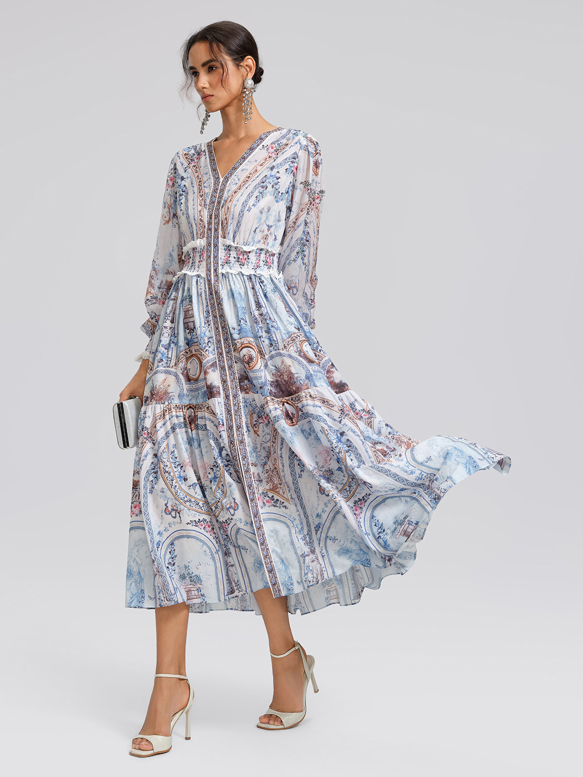 Printed Rhinestone Smocked Waist Dress