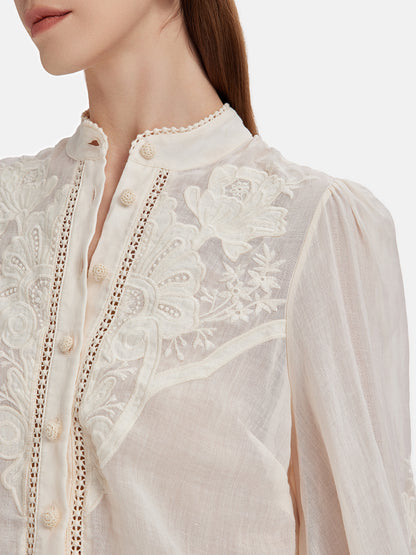 Linen Embroidered Stand Collar Shirt