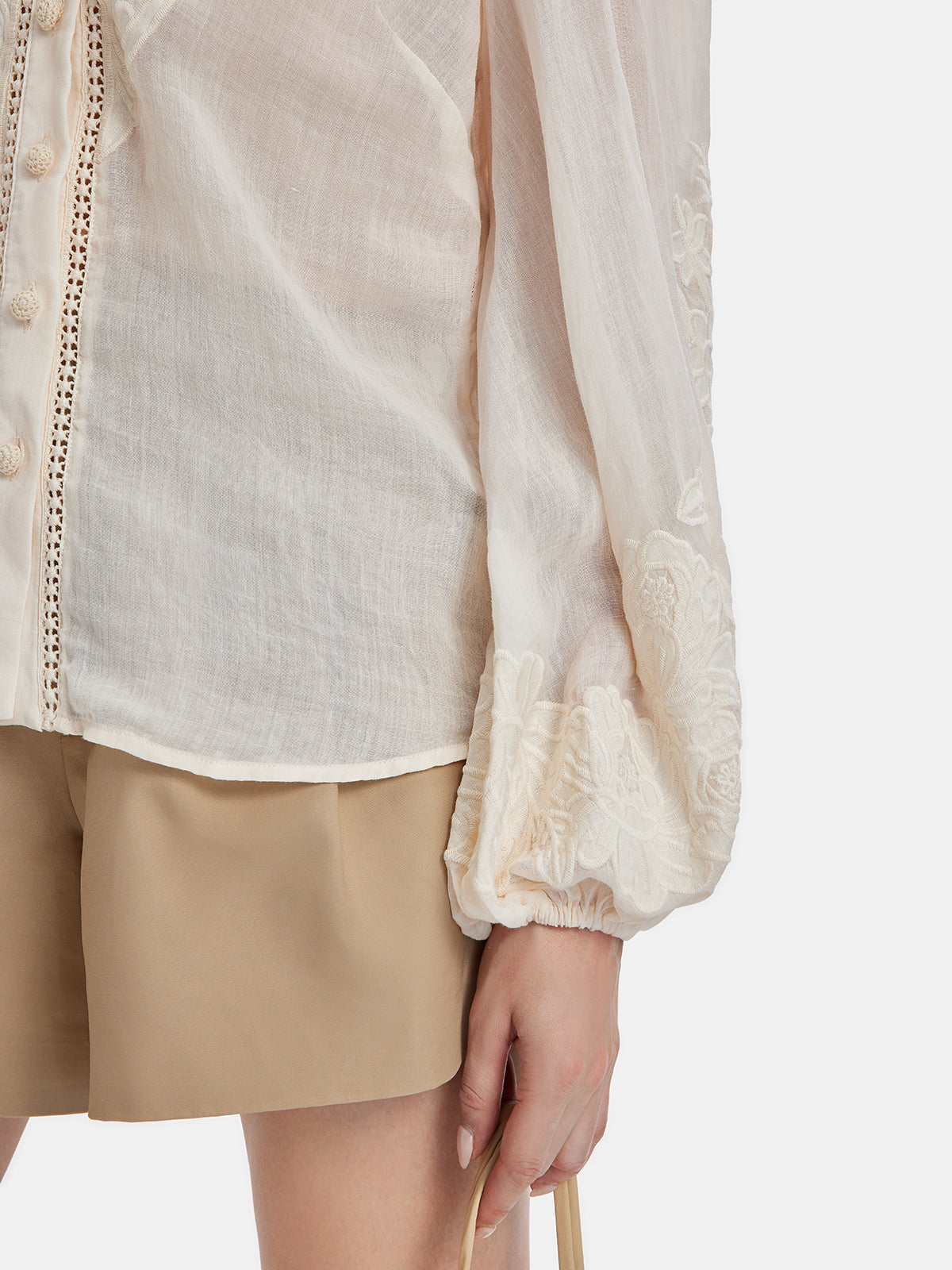 Linen Embroidered Stand Collar Shirt