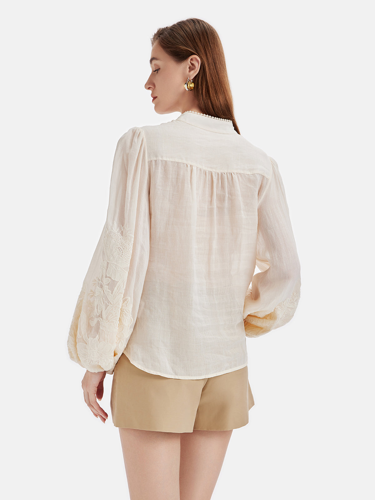 Linen Embroidered Stand Collar Shirt