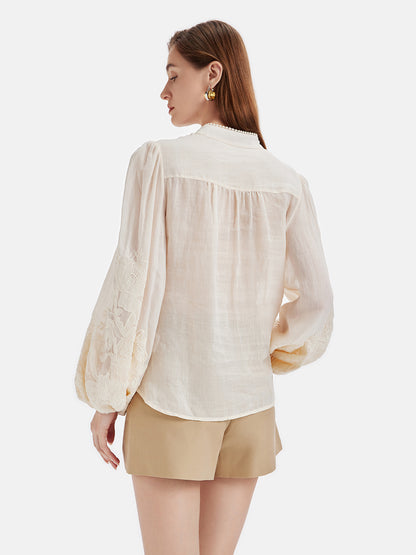 Linen Embroidered Stand Collar Shirt