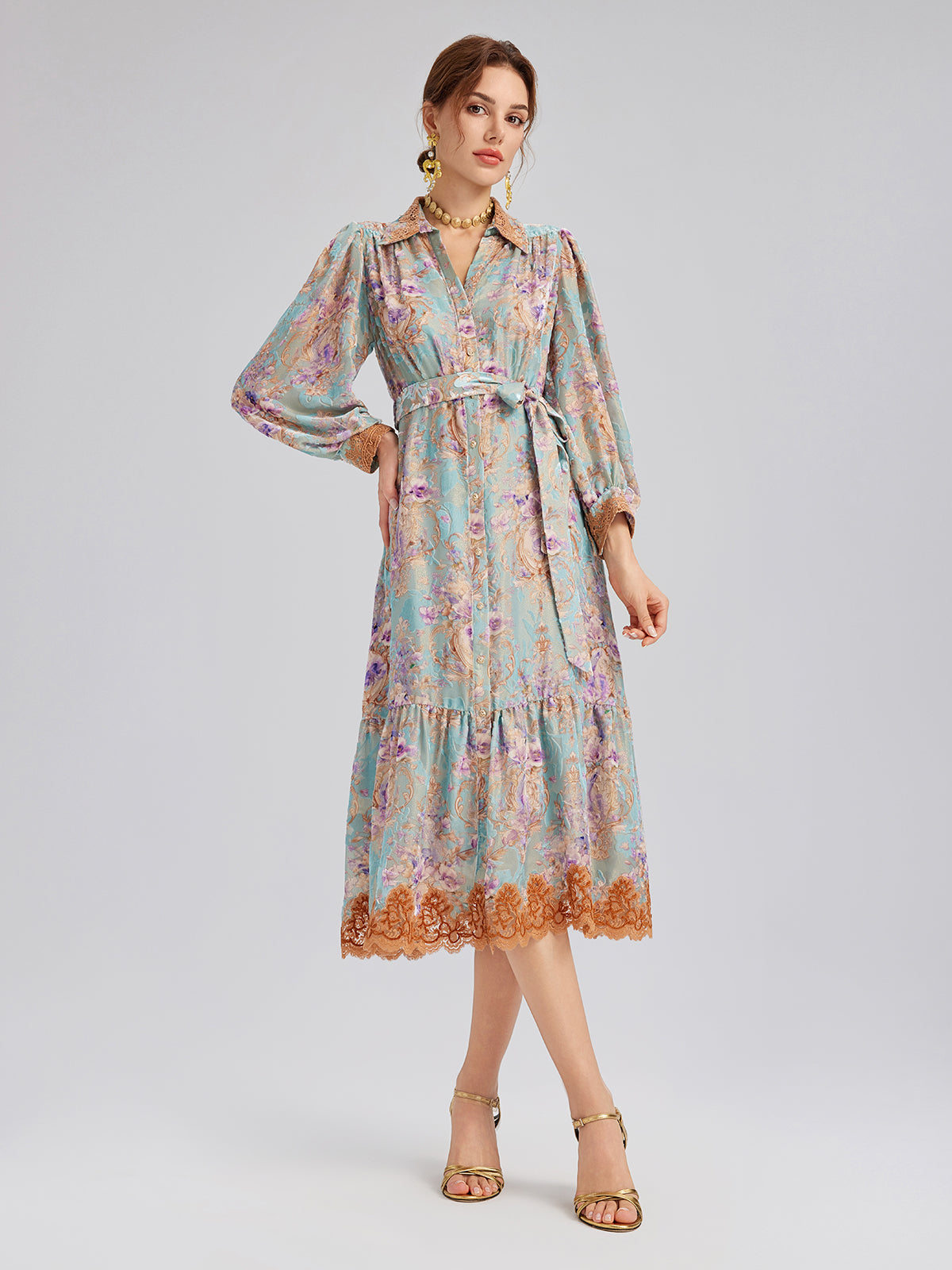 Silk Velvet Devoré Floral Lace Trim Dress (Matching Belt Included)