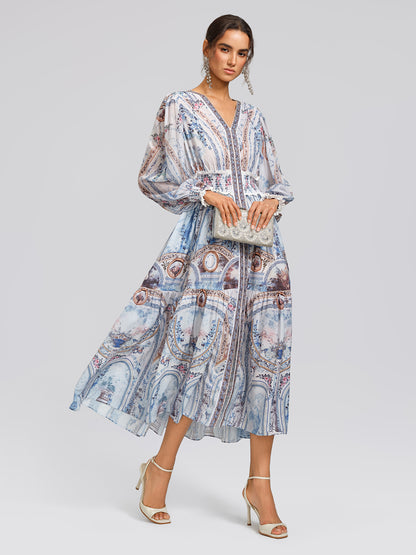 Printed Rhinestone Smocked Waist Dress