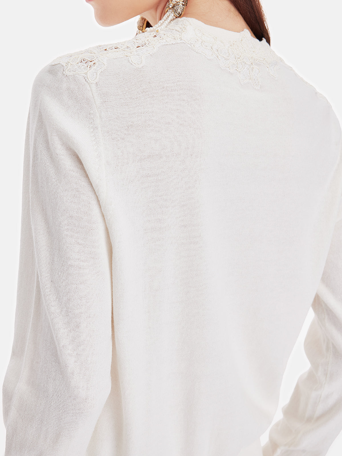 Australian Wool Lace-Panel V-Neck Cardigan