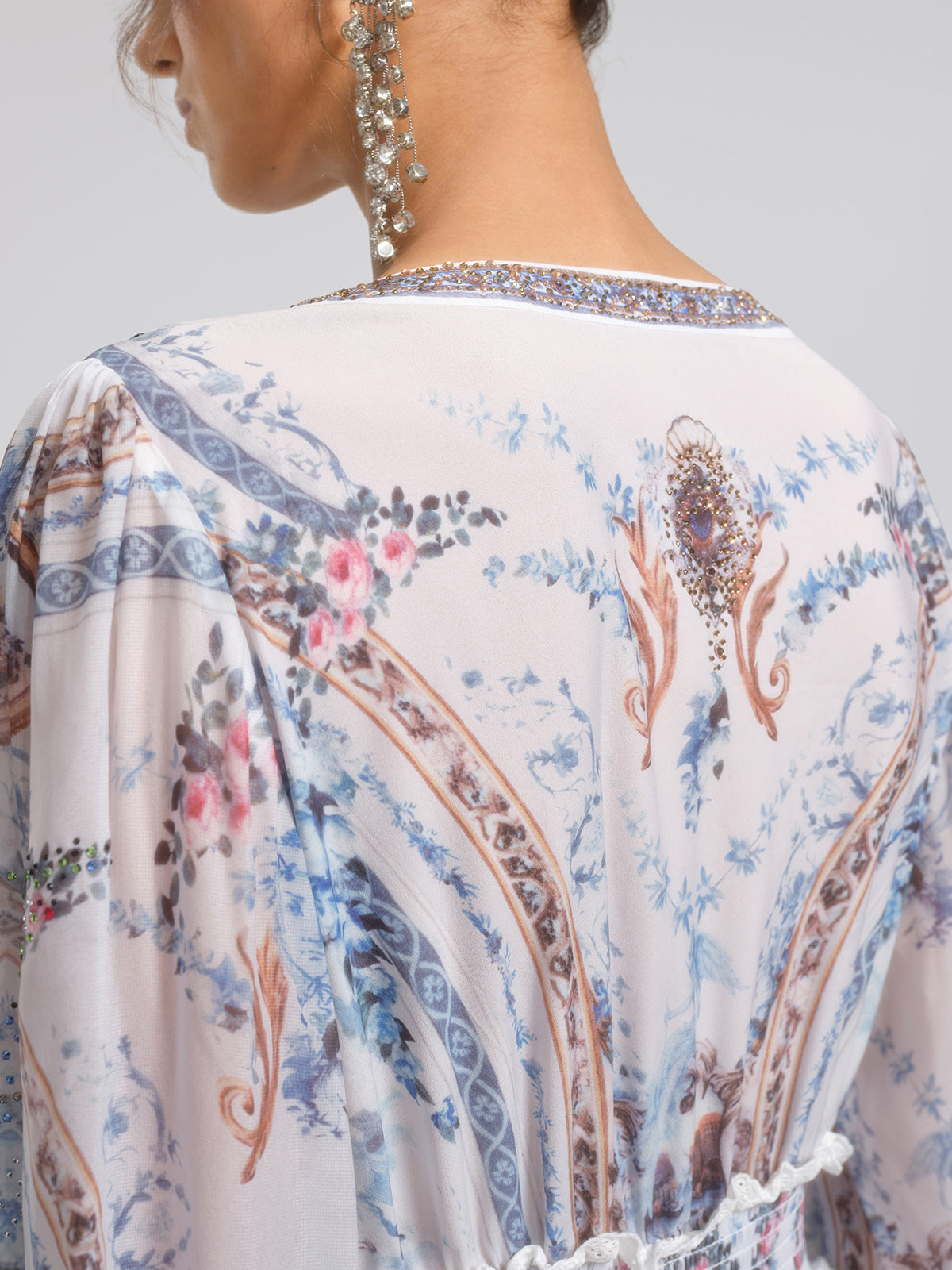 Printed Rhinestone Smocked Waist Dress