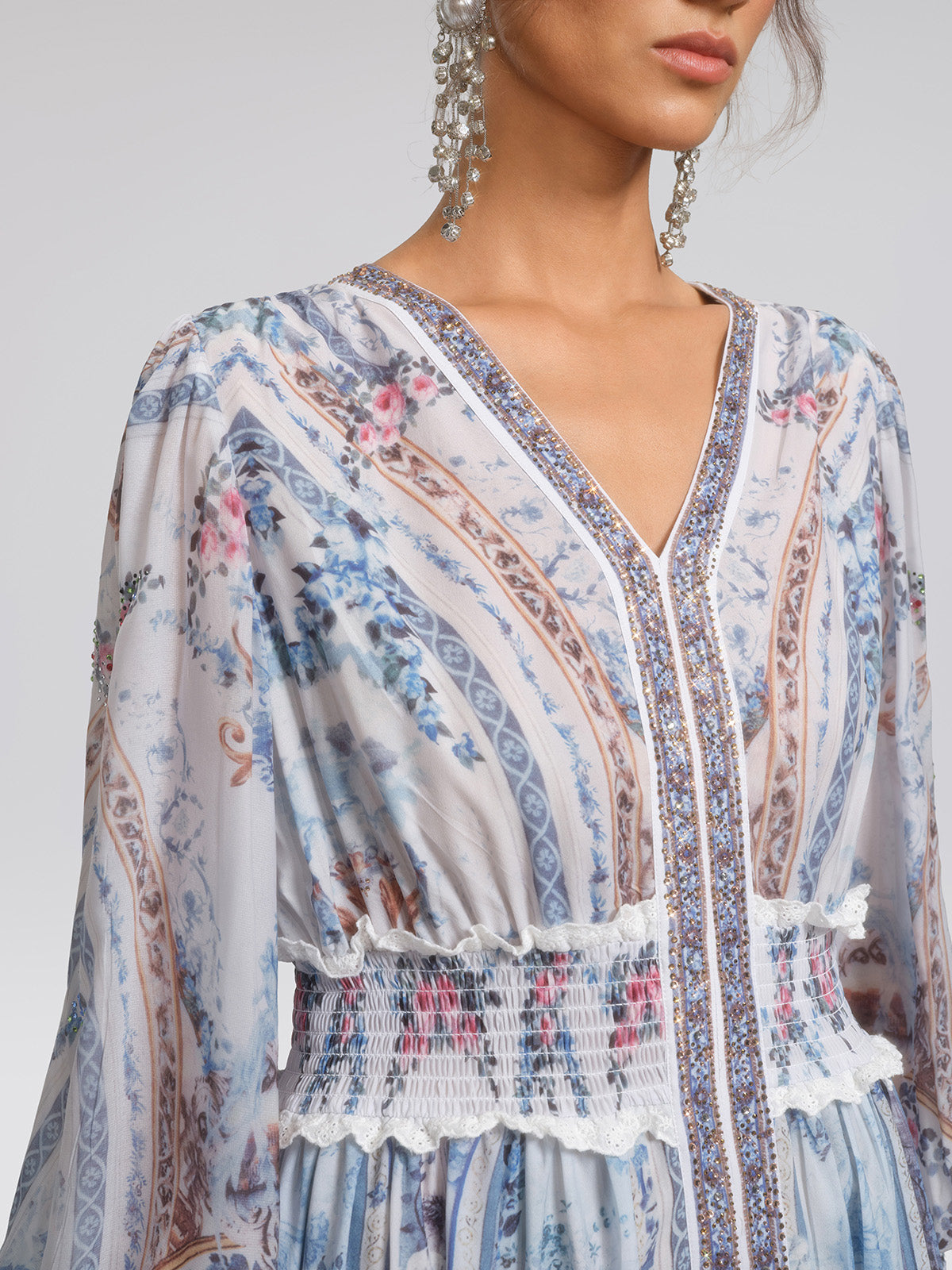 Printed Rhinestone Smocked Waist Dress