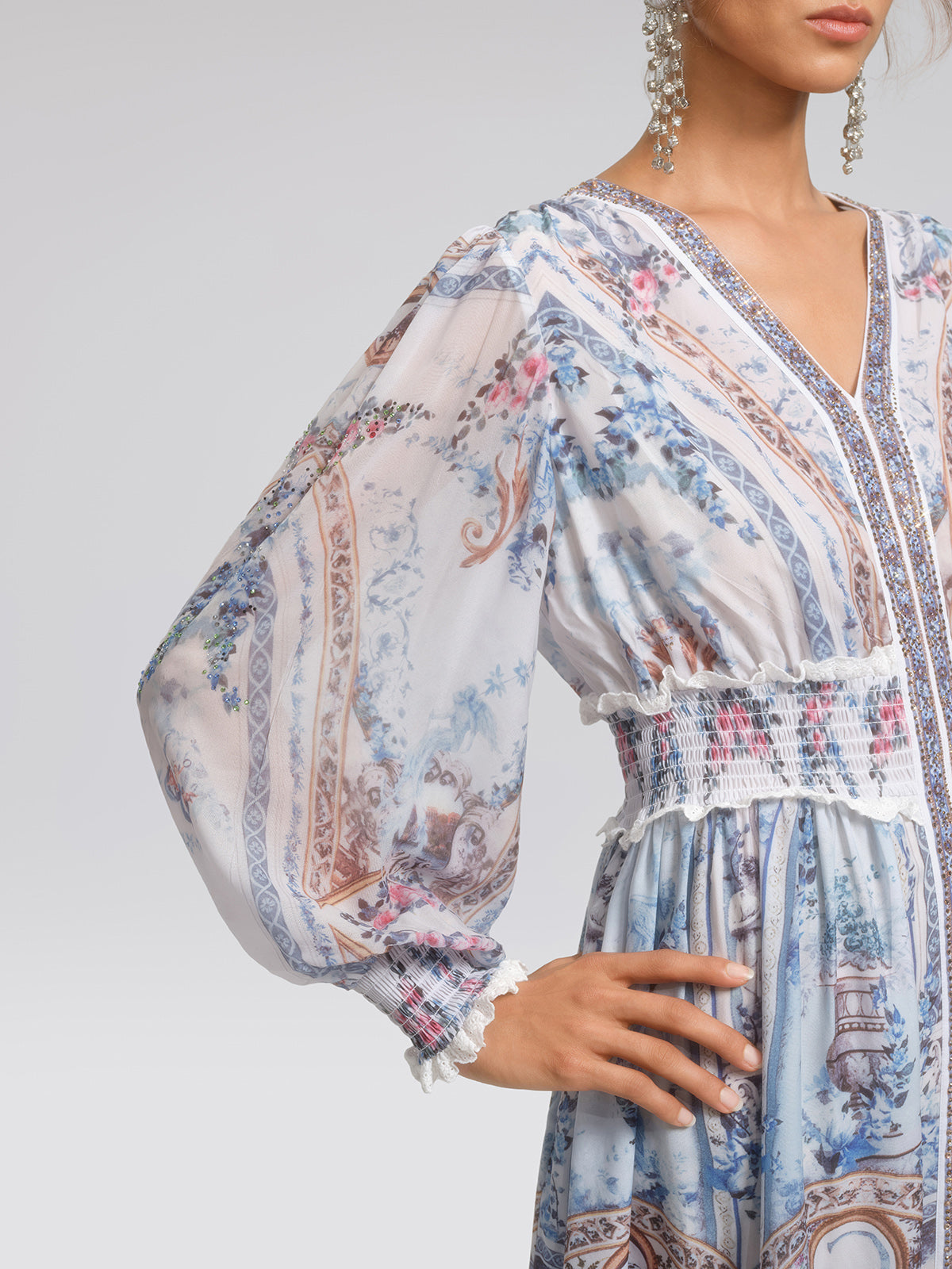 Artistic Printed Rhinestone Smocked Waist Dress, SKY BLUE / XL