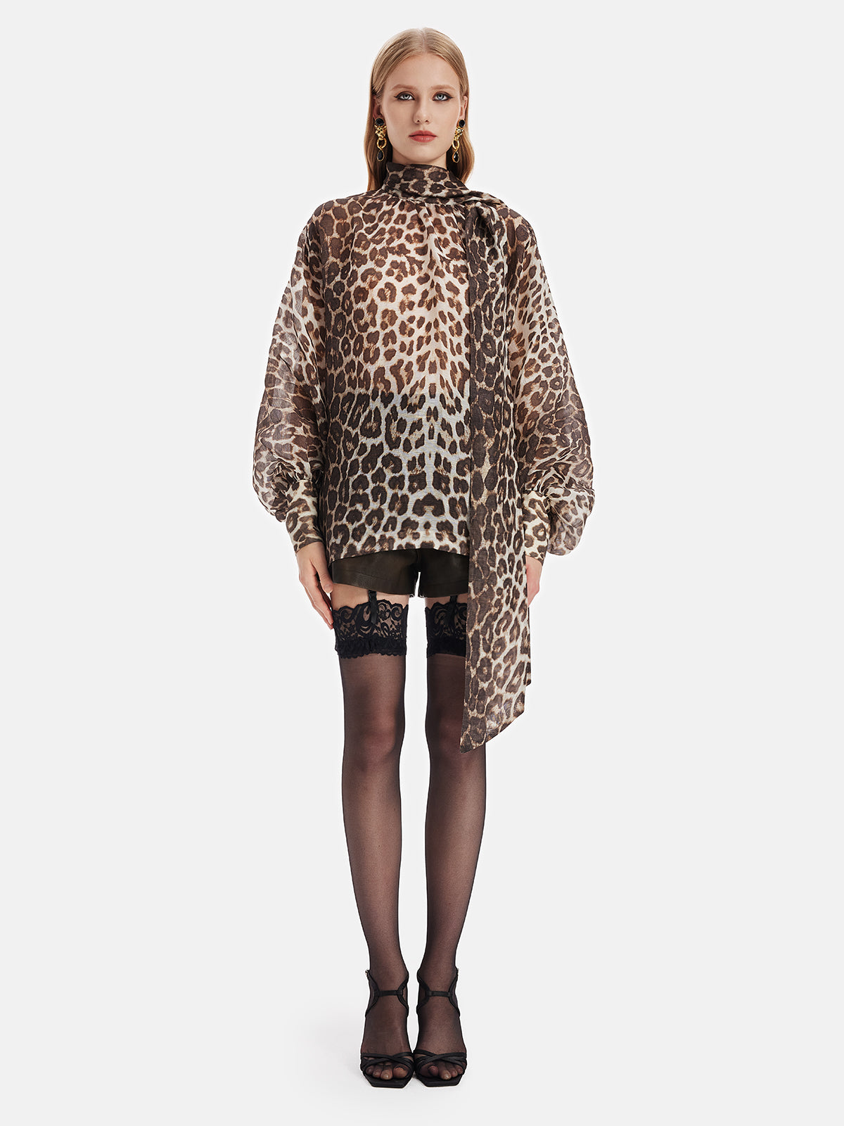 Mulberry Silk Leopard Print Tie-Detail Shirt