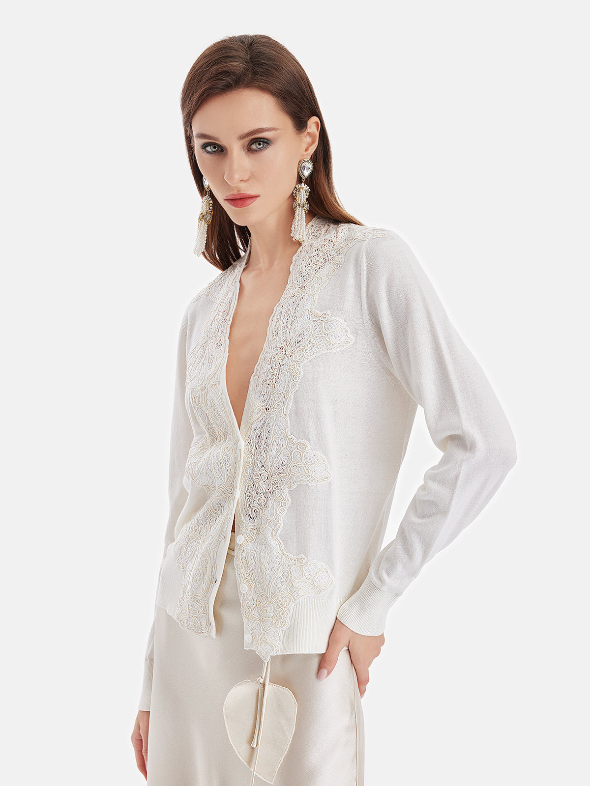 Australian Wool Lace-Panel V-Neck Cardigan