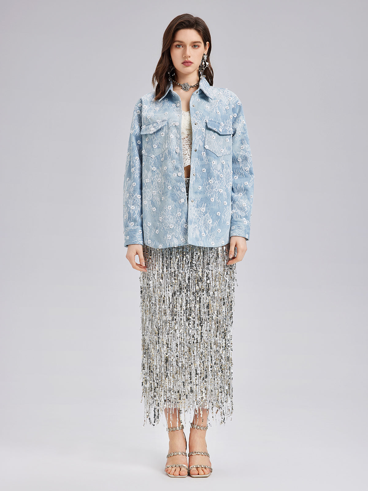 Beaded Lace Denim Jacket