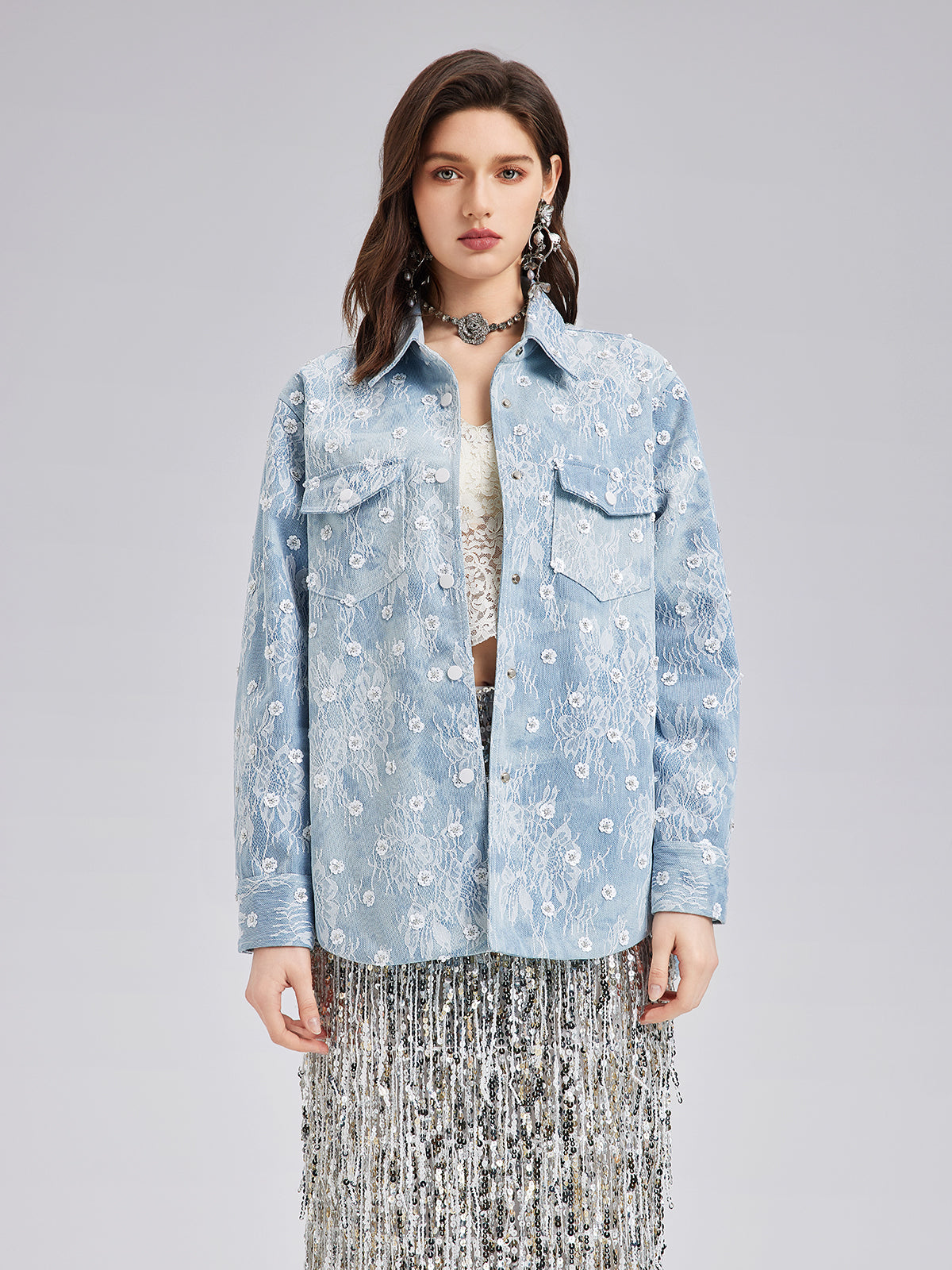 Beaded Lace Denim Jacket