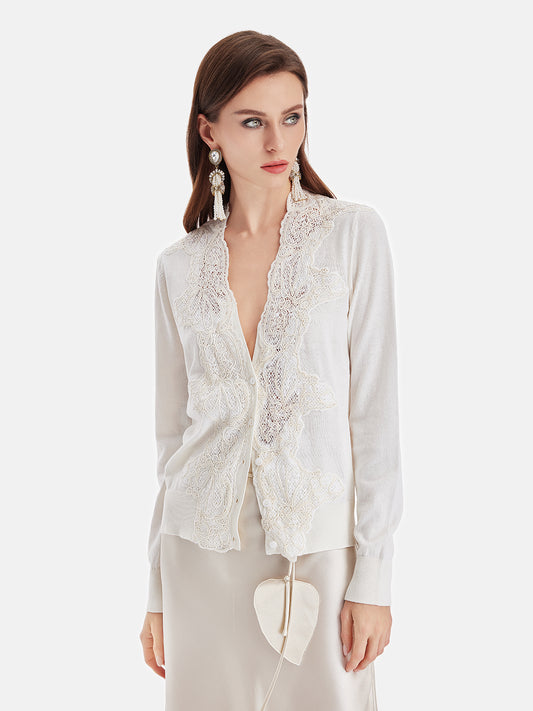 Australian Wool Lace-Panel V-Neck Cardigan