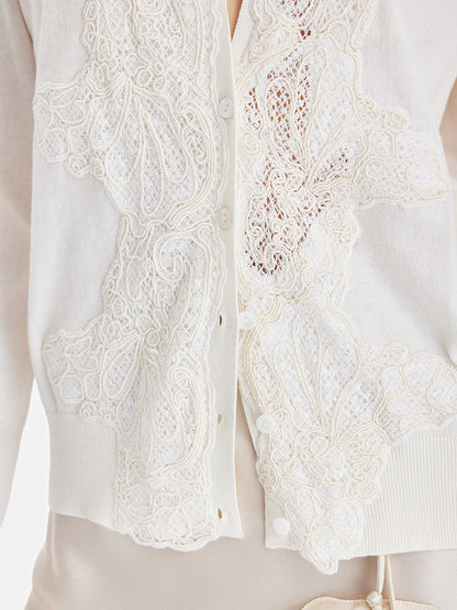 Australian Wool Lace-Panel V-Neck Cardigan