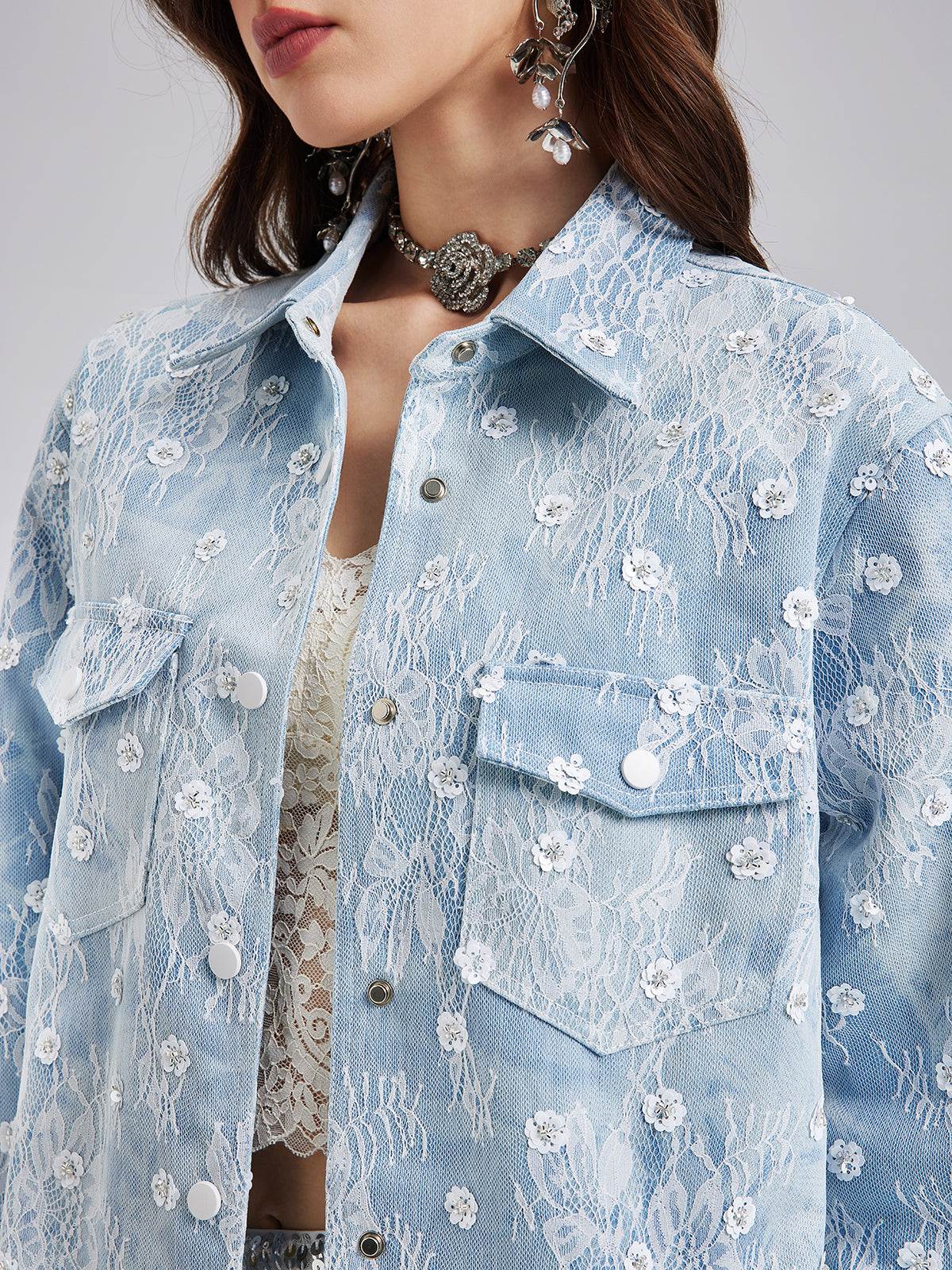 Beaded Lace Denim Jacket