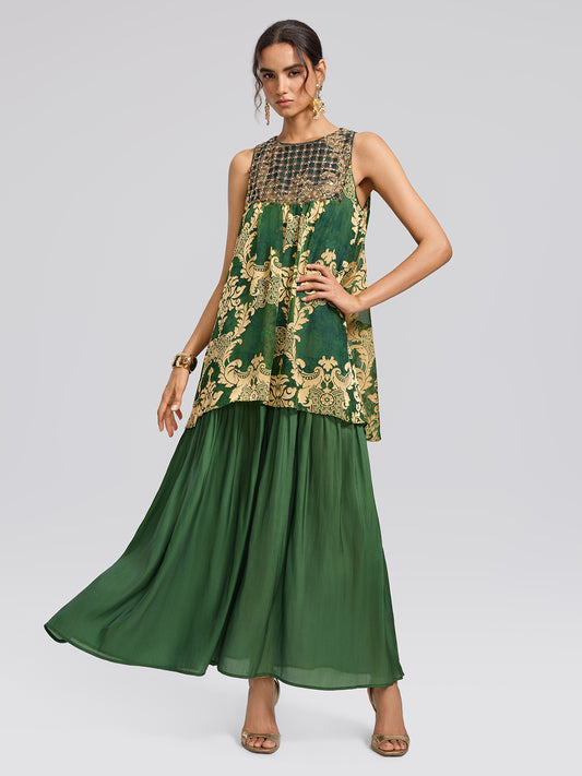Pleated Jacquard Chiffon Beaded Gown