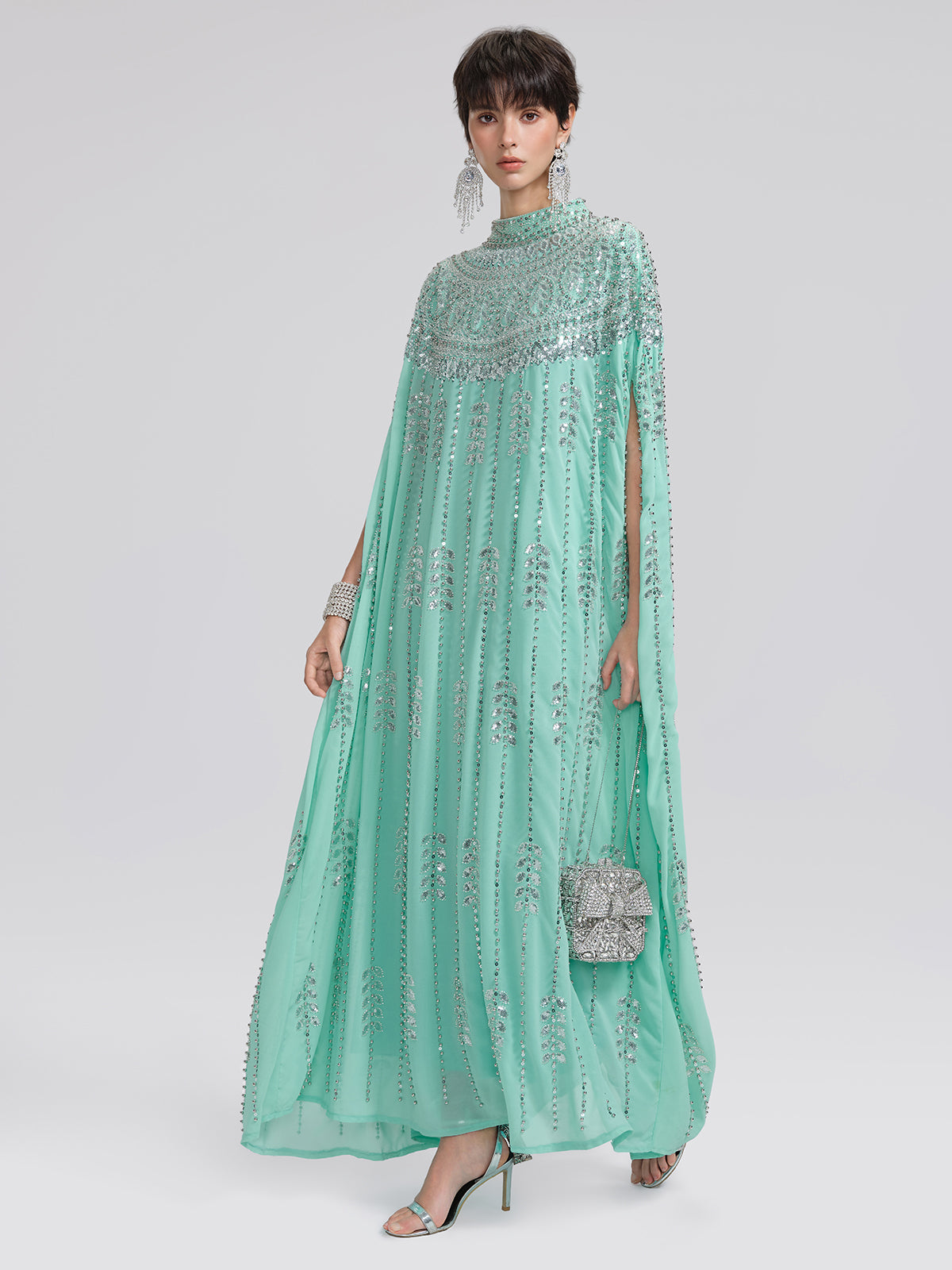 Hand-Beaded Rhinestone Cape Robe (Inner Wear Included)