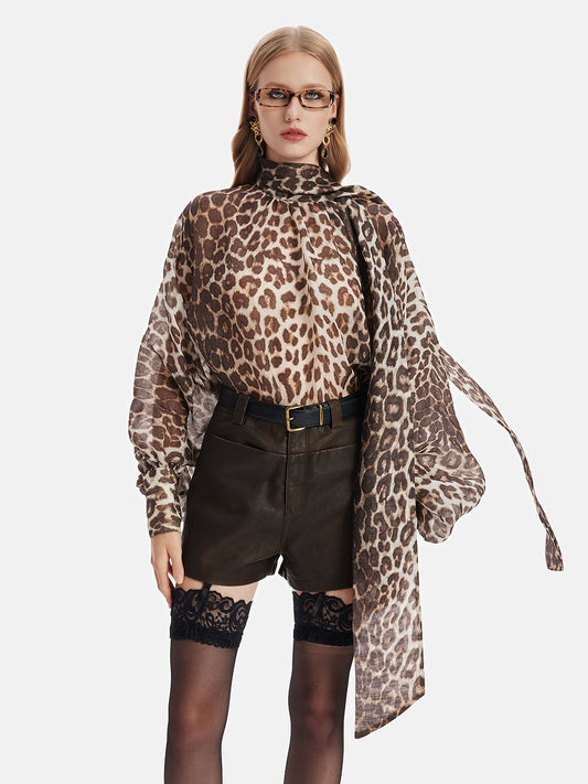 Mulberry Silk Leopard Print Tie-Detail Shirt