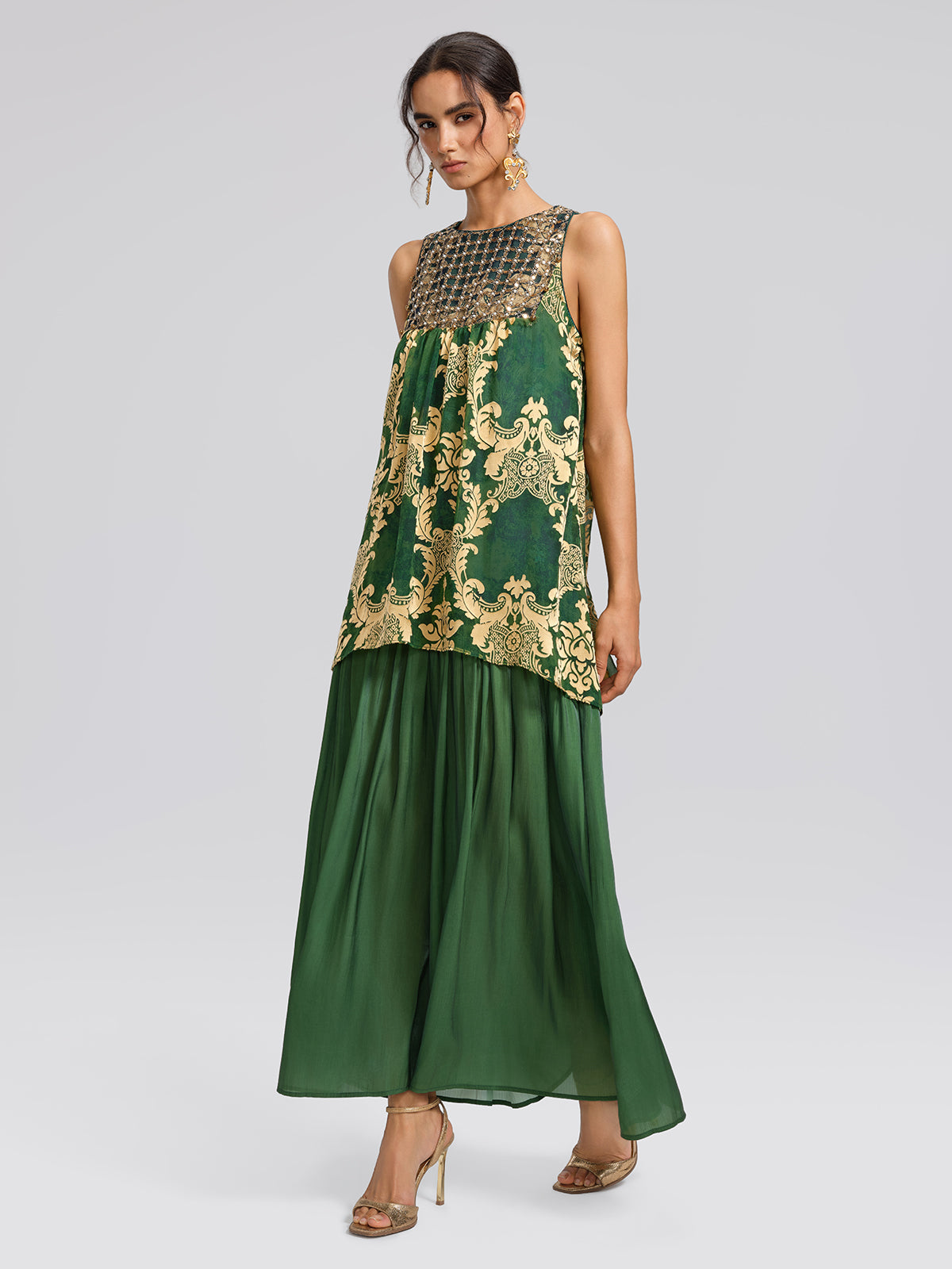 Pleated Jacquard Chiffon Beaded Gown