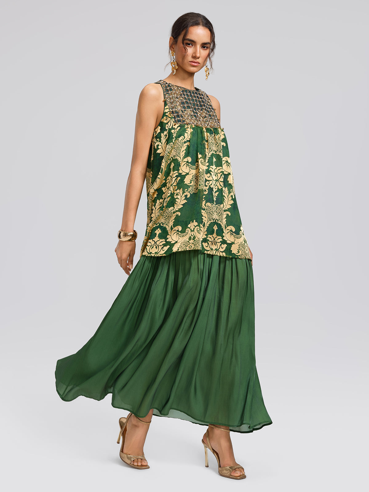 Pleated Jacquard Chiffon Beaded Gown