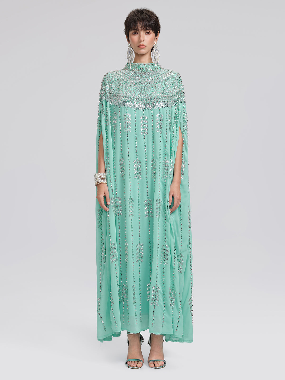 Hand-Beaded Rhinestone Cape Robe (Inner Wear Included)