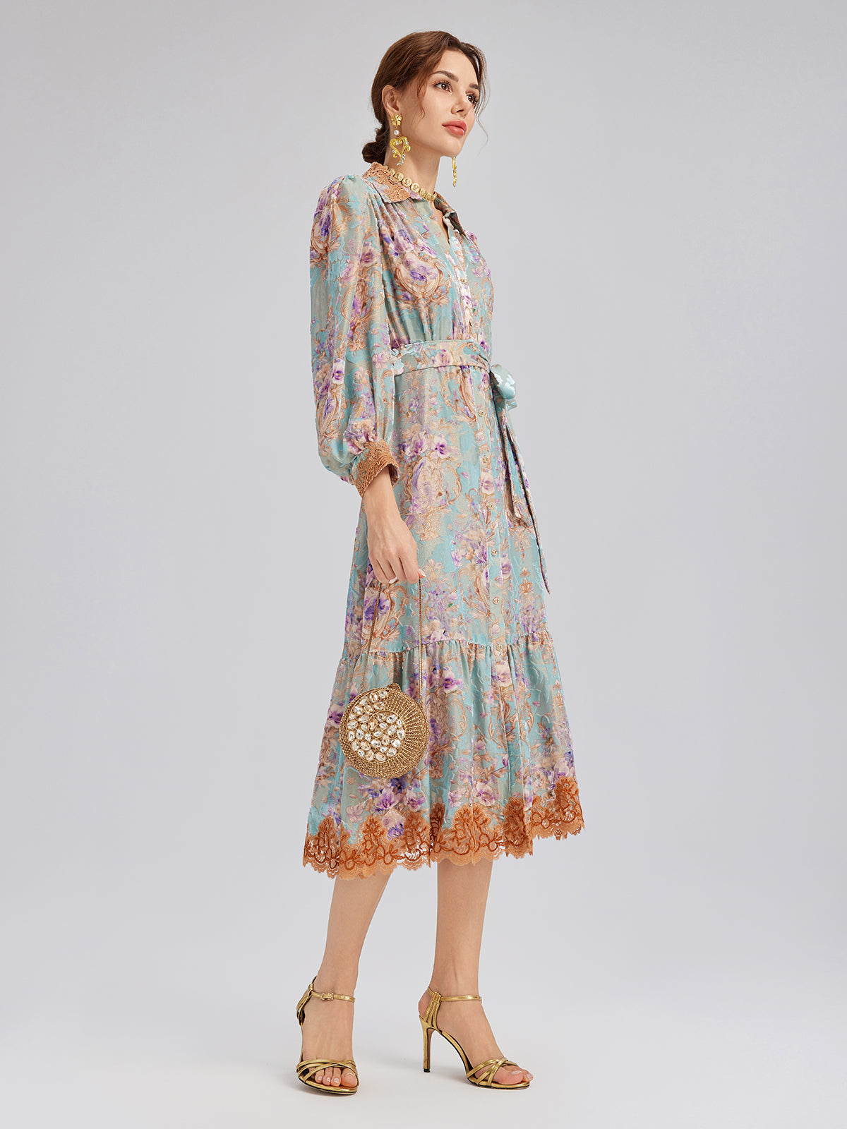 Silk Velvet Devoré Floral Lace Trim Dress (Matching Belt Included)