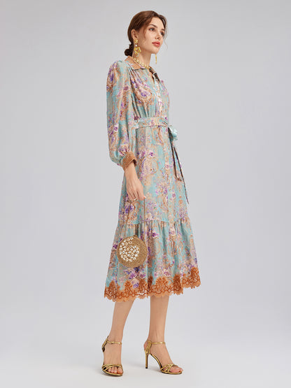 Silk Velvet Devoré Floral Lace Trim Dress (Matching Belt Included)