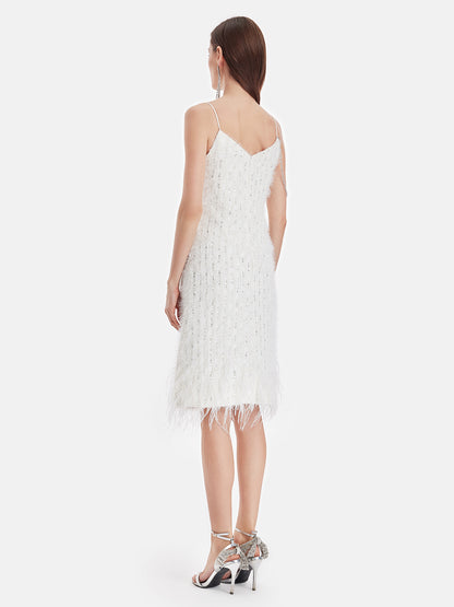 Sequin Ostrich Feather Slip Dress