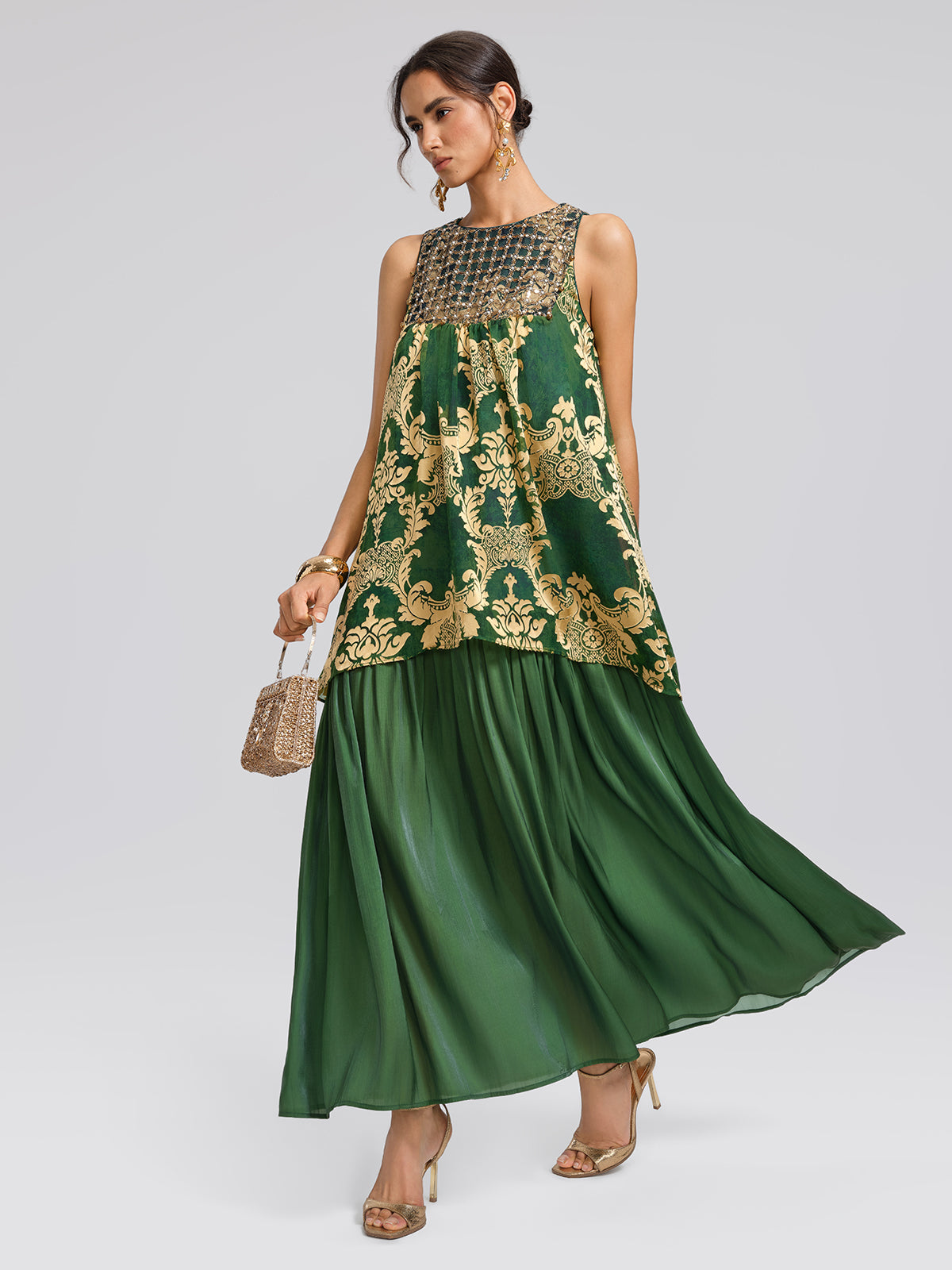 Pleated Jacquard Chiffon Beaded Gown