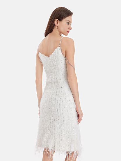 Sequin Ostrich Feather Slip Dress